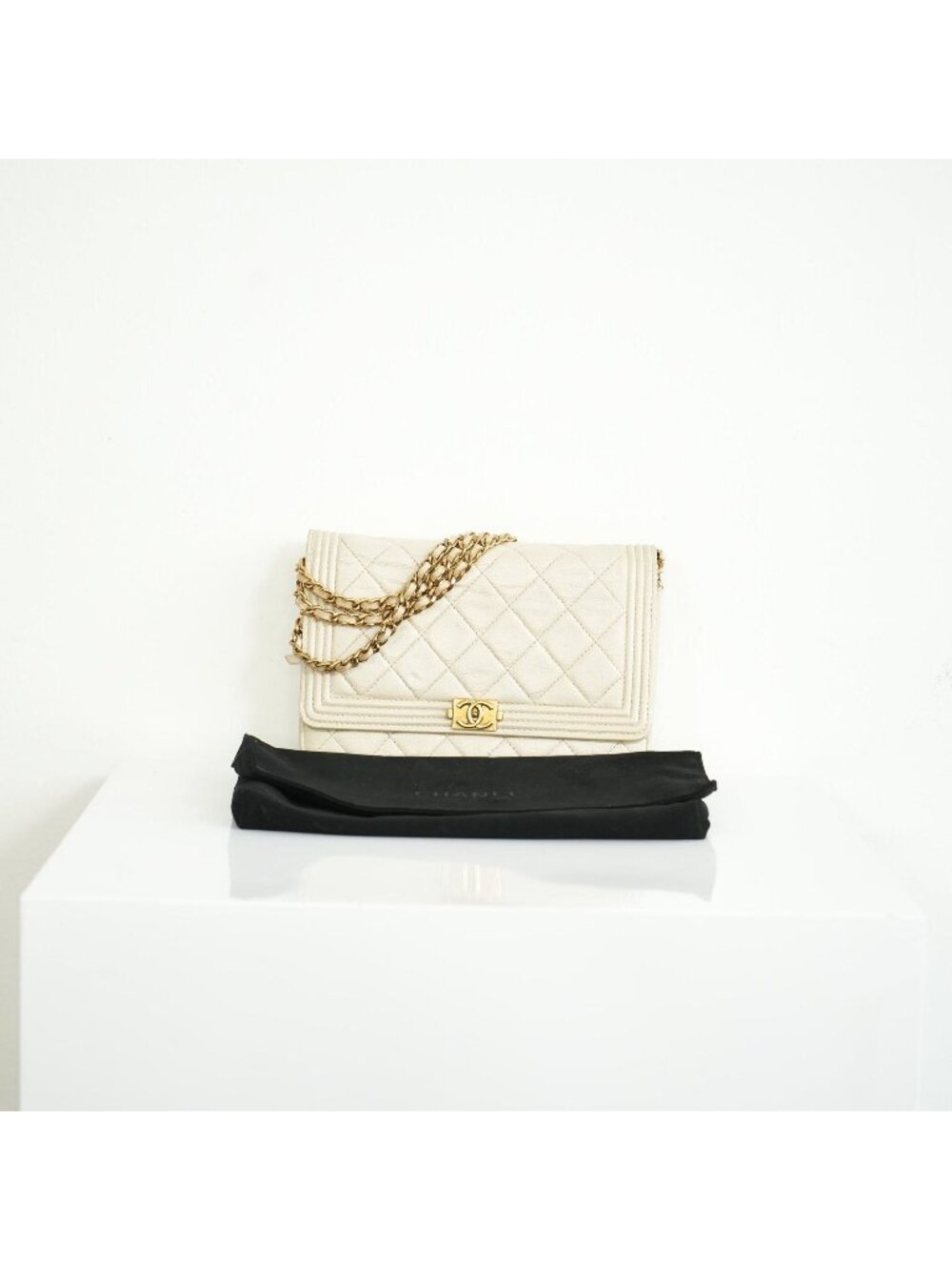 Chanel Beige Boy Wallet On Chain Gold Hardware Full Set